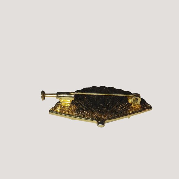 Vintage Damascene Brooch Small Gold Tone Black Enamel Fan Bird Floral Design - Picture 9 of 16